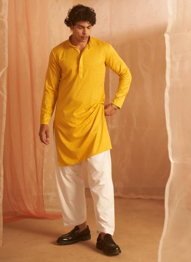 Viscose Mustard Eid Wear Chikankari Embroidery Readymade Kurta Pajama